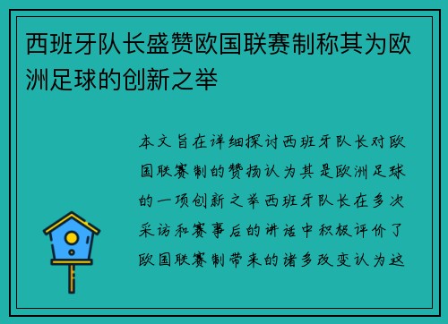 西班牙队长盛赞欧国联赛制称其为欧洲足球的创新之举