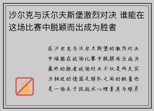 沙尔克与沃尔夫斯堡激烈对决 谁能在这场比赛中脱颖而出成为胜者