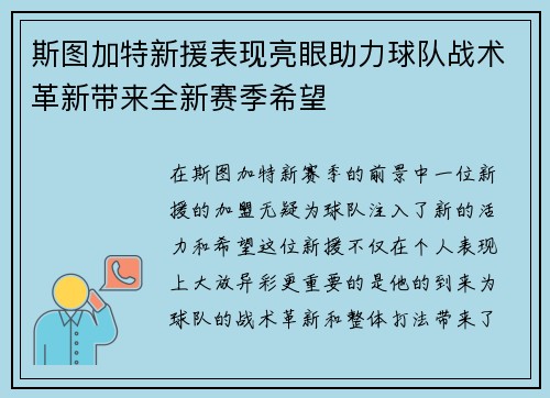 斯图加特新援表现亮眼助力球队战术革新带来全新赛季希望