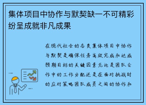 集体项目中协作与默契缺一不可精彩纷呈成就非凡成果