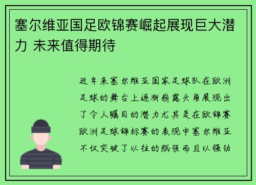 塞尔维亚国足欧锦赛崛起展现巨大潜力 未来值得期待