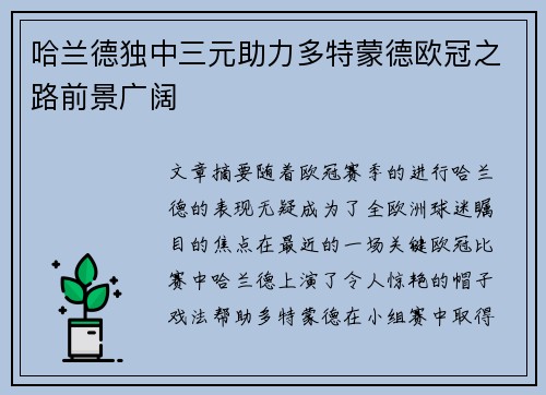 哈兰德独中三元助力多特蒙德欧冠之路前景广阔