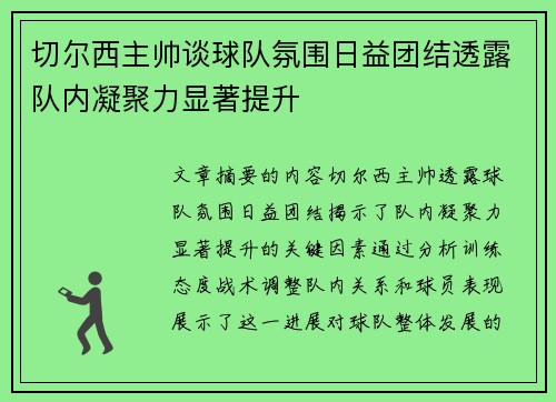 切尔西主帅谈球队氛围日益团结透露队内凝聚力显著提升