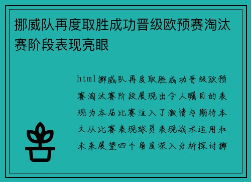 挪威队再度取胜成功晋级欧预赛淘汰赛阶段表现亮眼