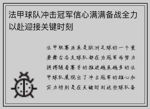 法甲球队冲击冠军信心满满备战全力以赴迎接关键时刻