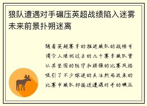 狼队遭遇对手碾压英超战绩陷入迷雾未来前景扑朔迷离