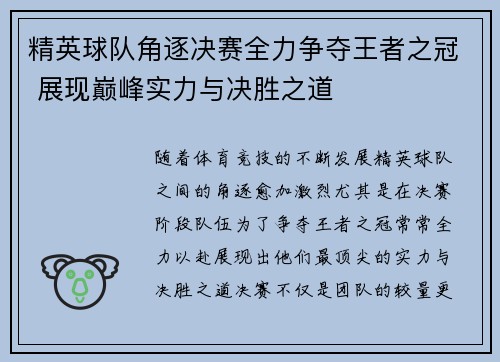 精英球队角逐决赛全力争夺王者之冠 展现巅峰实力与决胜之道
