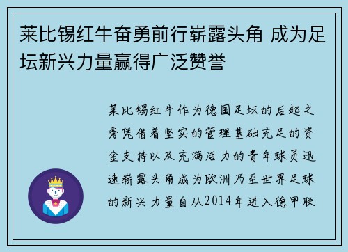 莱比锡红牛奋勇前行崭露头角 成为足坛新兴力量赢得广泛赞誉