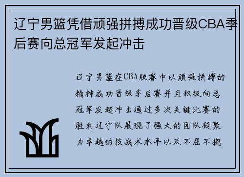 辽宁男篮凭借顽强拼搏成功晋级CBA季后赛向总冠军发起冲击